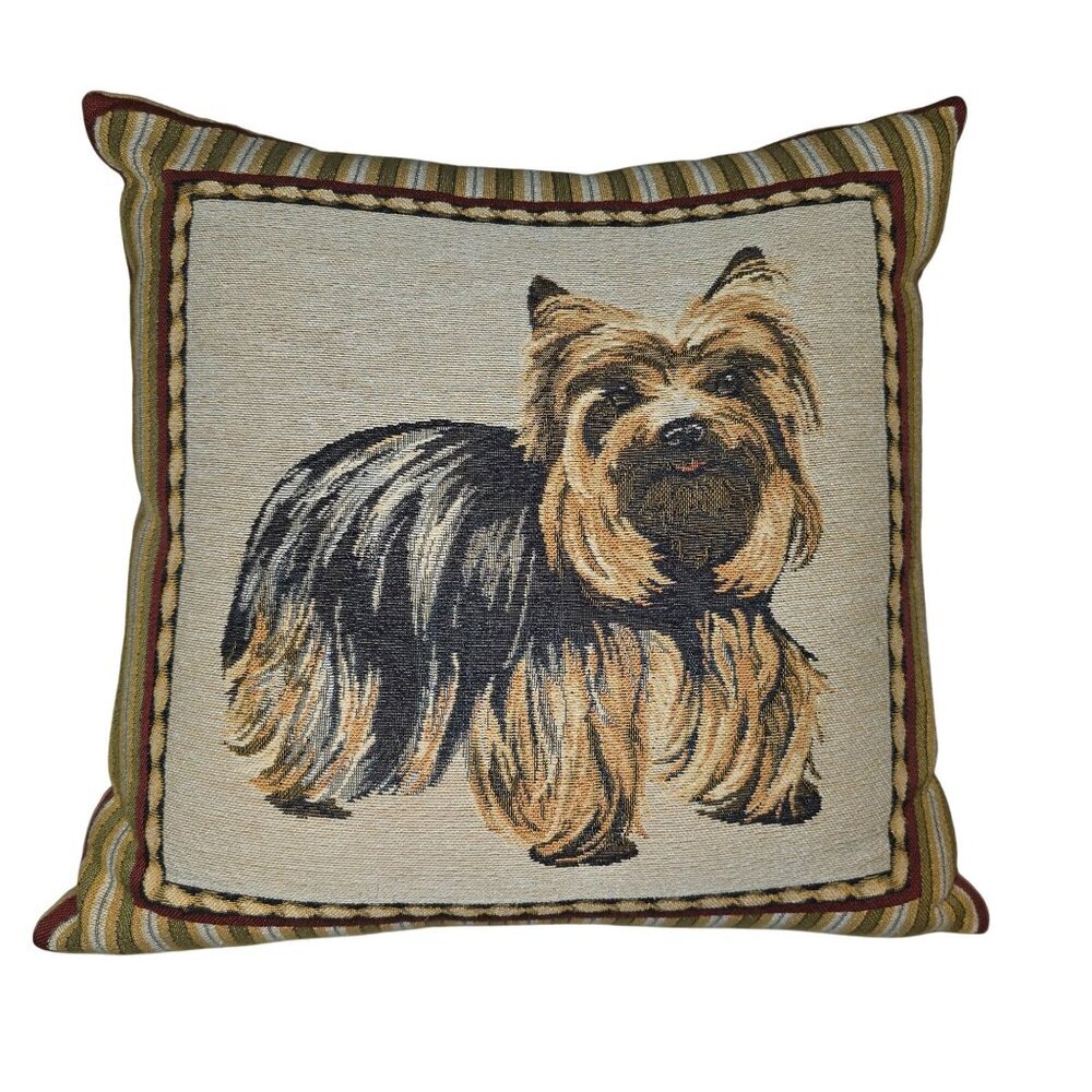 Vintage Borgata Yorkie Tapestry Throw Pillow 14" With Striped Border Dog Lover